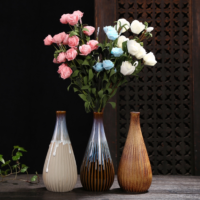 花瓶陶瓷瓷窑变流简约复古条纹小口干花插花花瓶