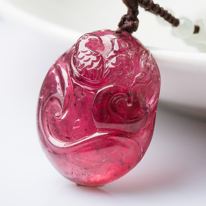 收藏天然巴西碧玺吊坠电气石双喜临门雕件招财旺夫项坠