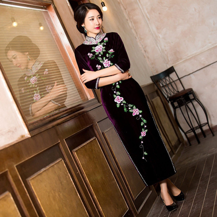 唐媛中国风四季复古立领高衩旗袍裙这么高贵的旗袍这么精制的做工领子