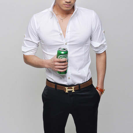 男士英伦绅士法式大尖领金纯白色衬衫卷袖长袖衬衫