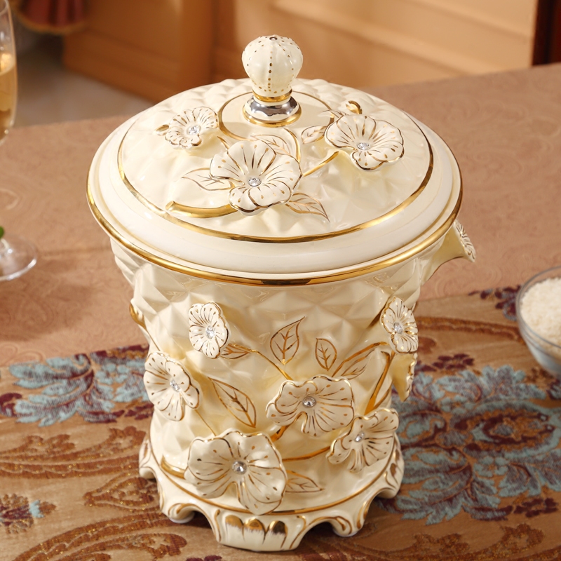 欧式奢华陶瓷垃圾桶带盖家用大号复古卫生间客厅垃圾桶