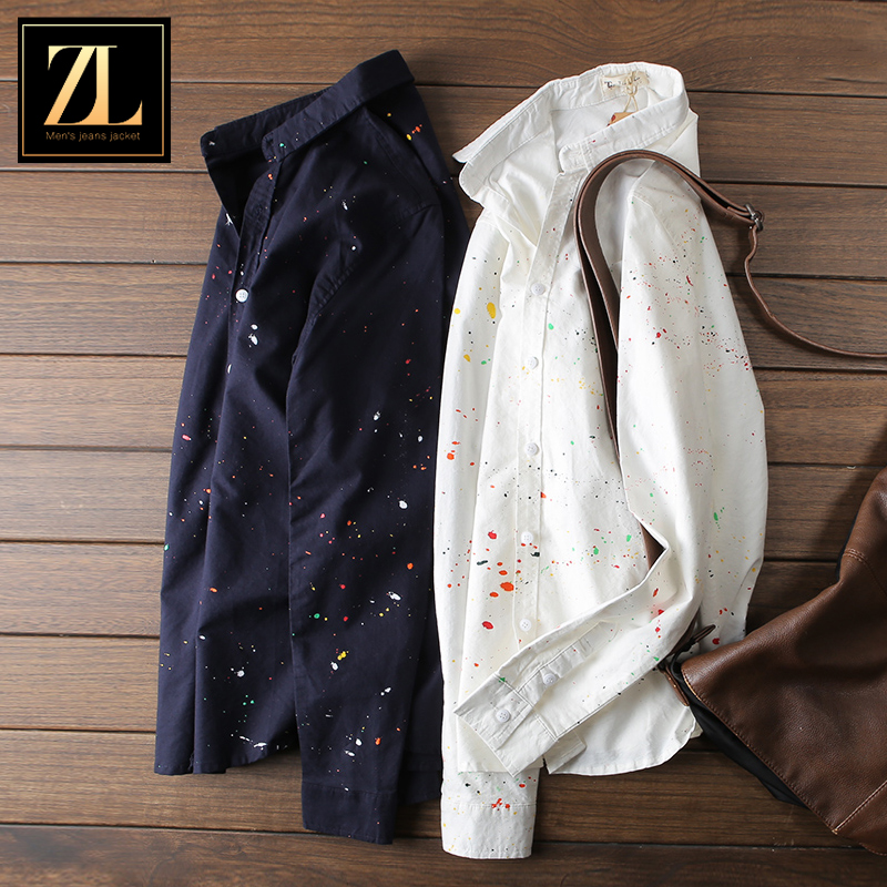 帅气NEW原创个性夏季泼墨衬衫男韩版潮流长袖薄款修身棉白色青年