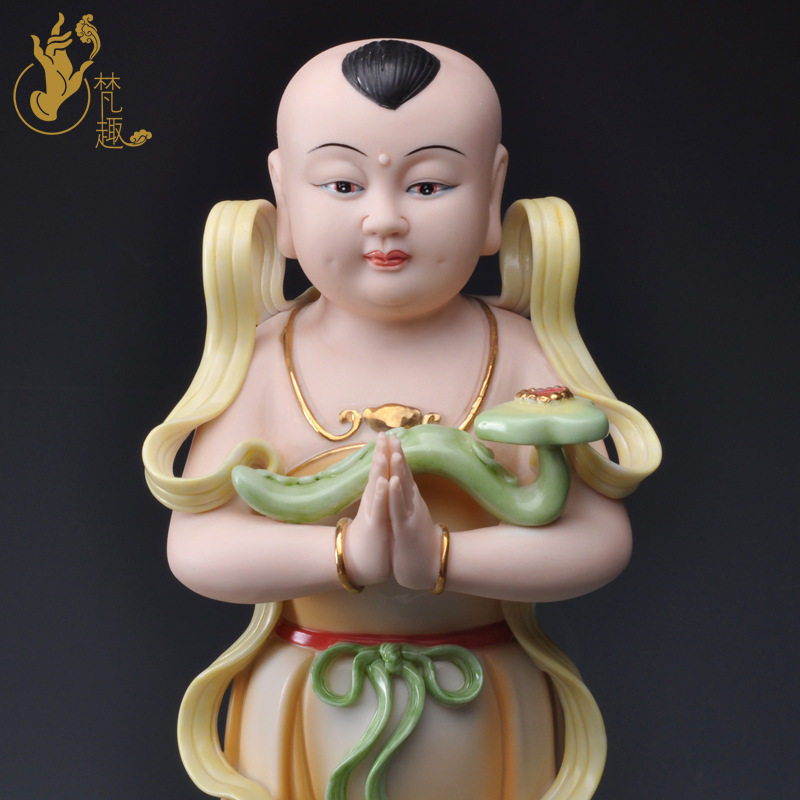 姻缘佛前摆件金童玉女观世音佛像前摆设善财童子龙女陶瓷姻缘礼品