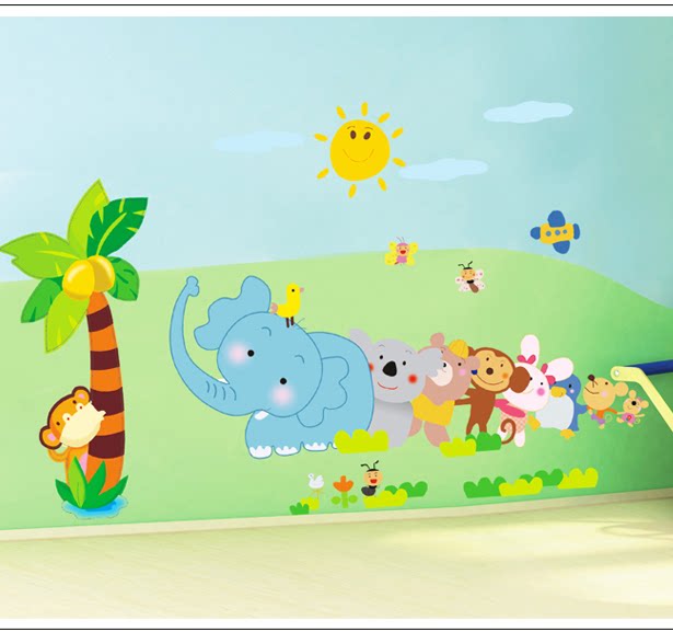 儿童卧室幼儿园教室客厅卡通可移贴纸动物园大象墙贴
