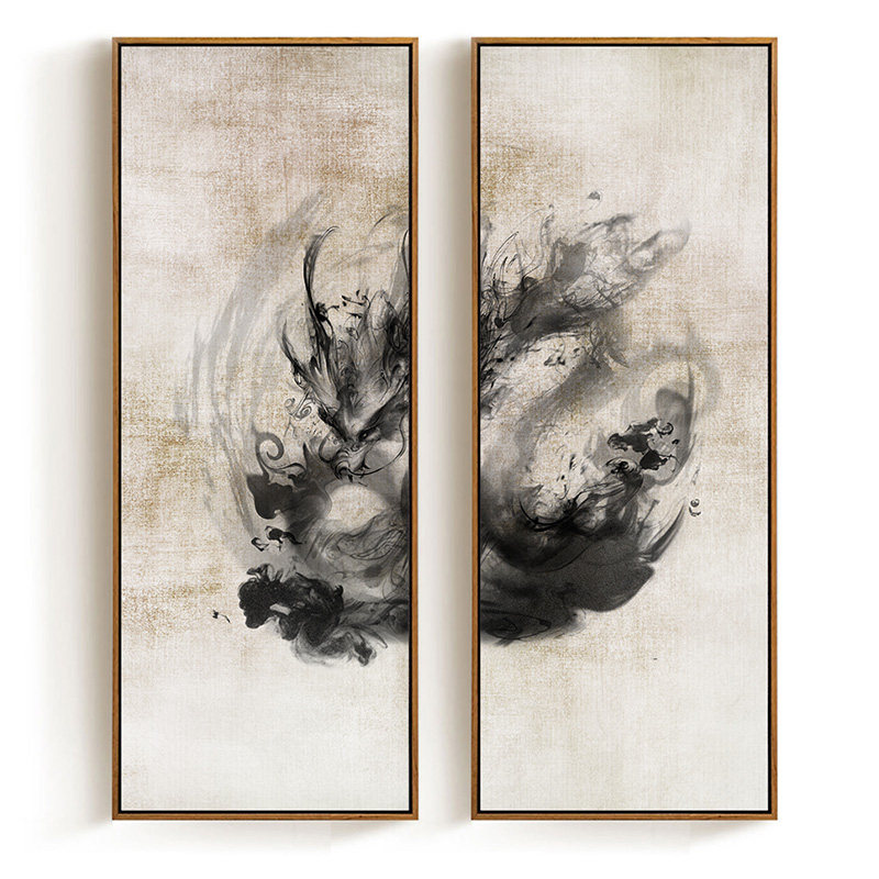 现代新中式挂画酒店会所大尺寸竖条画客厅玄关过道画水墨龙装饰画