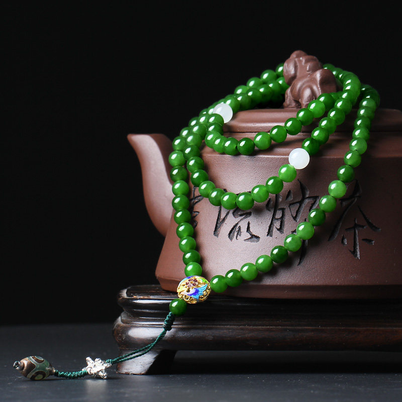 7000年新疆和田圆珠碧玉项链璞玉浑金菠菜绿玉男女颈饰