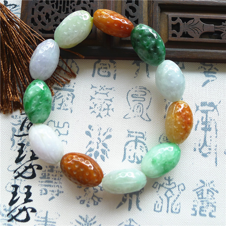 天然翡翠三彩福禄寿手链手串货带证老坑种水润精雕手链