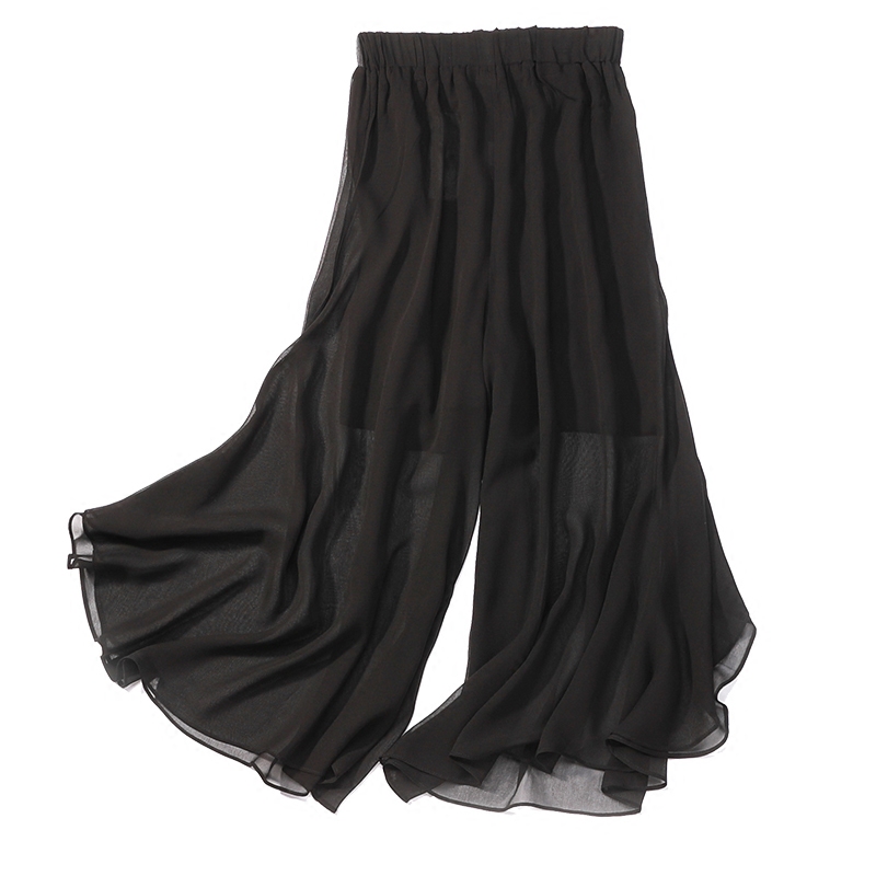 夏季新款双层真丝裙裤桑蚕蚕丝轻盈飘逸黑色休闲裤