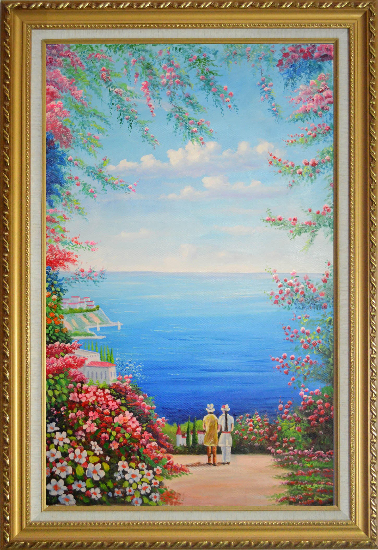 手绘油画地中海秋天花季蓝天夫妻海边散步花海油画