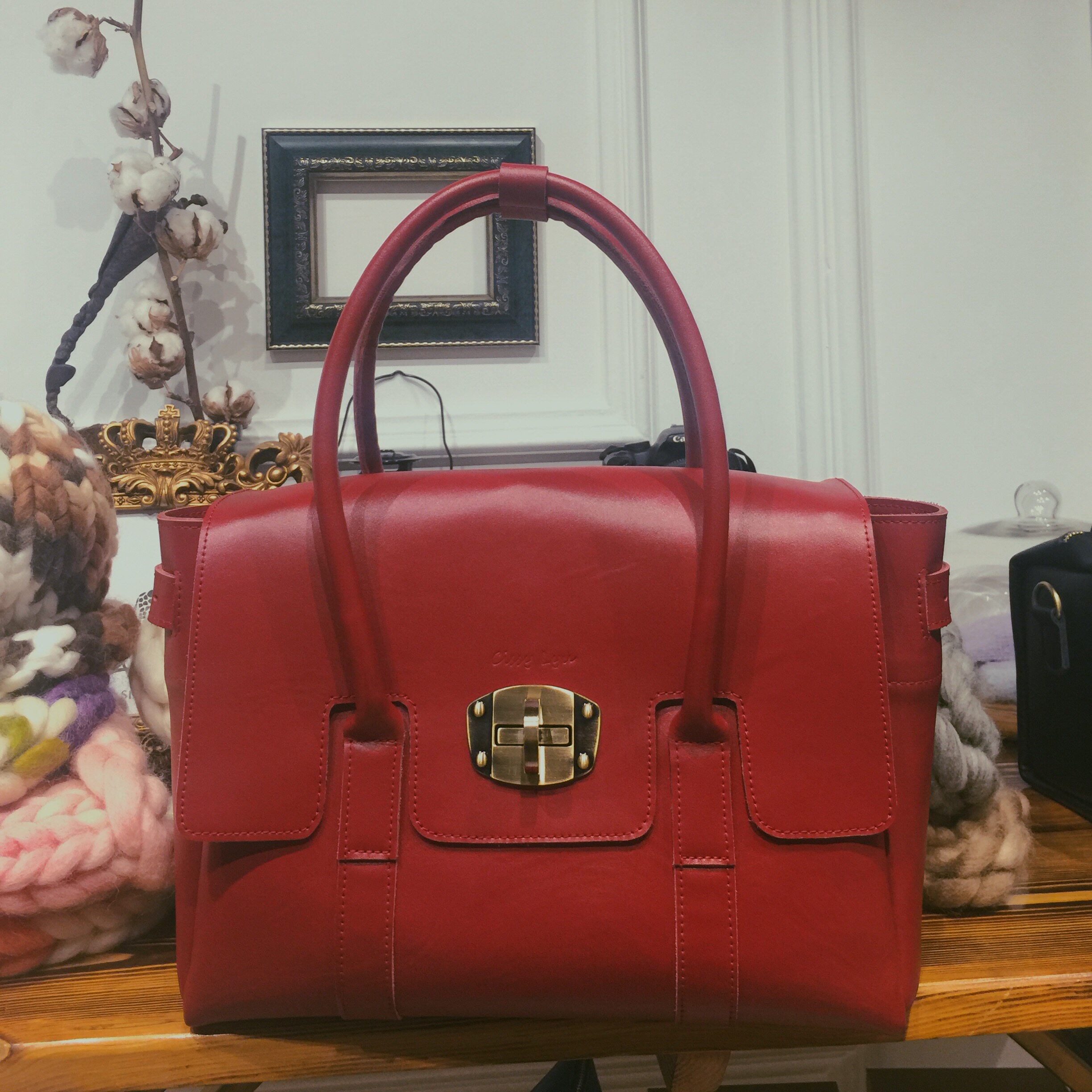 泛泛订制vintage复古红色牛皮皮包拎包手工定制通用款女包