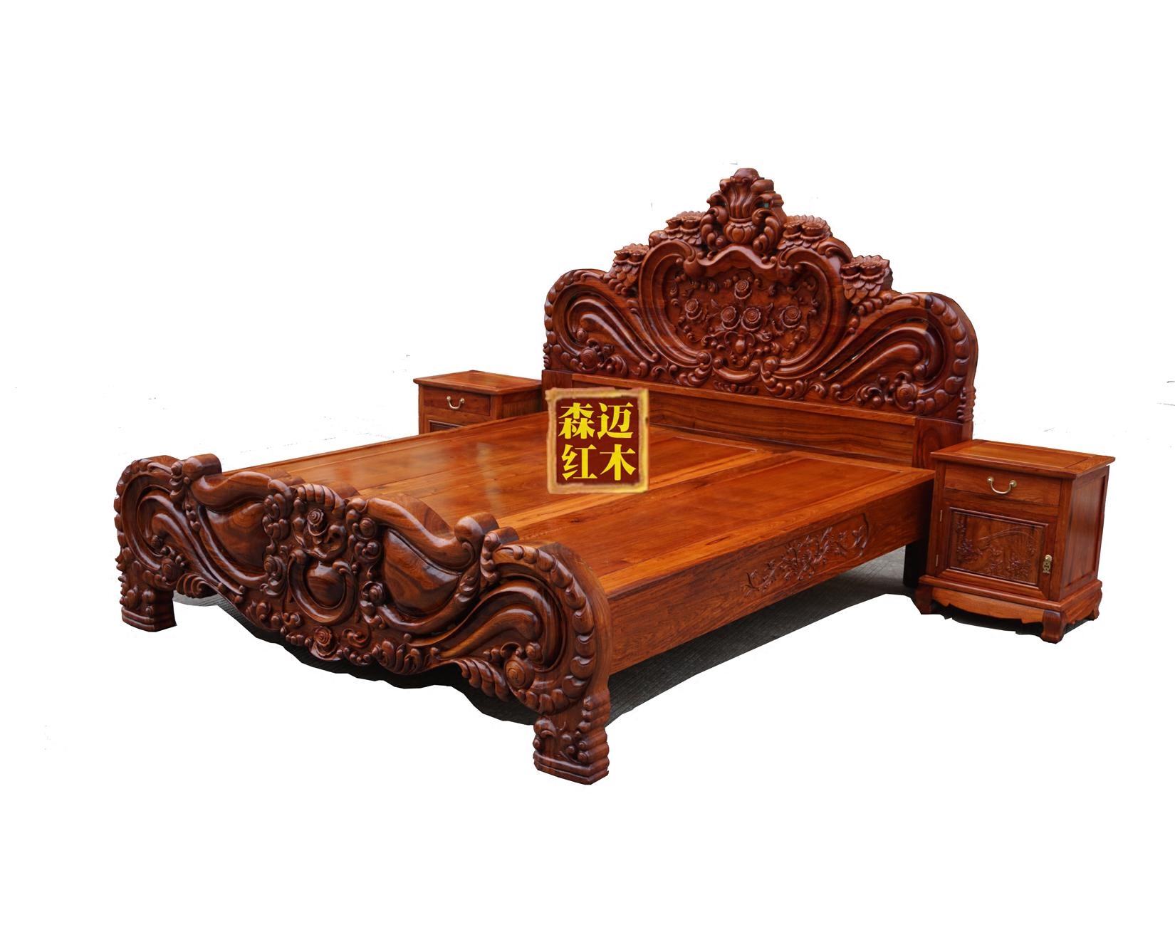 红木木床缅甸花梨玫瑰花大果紫檀加厚独板新欧式红木床