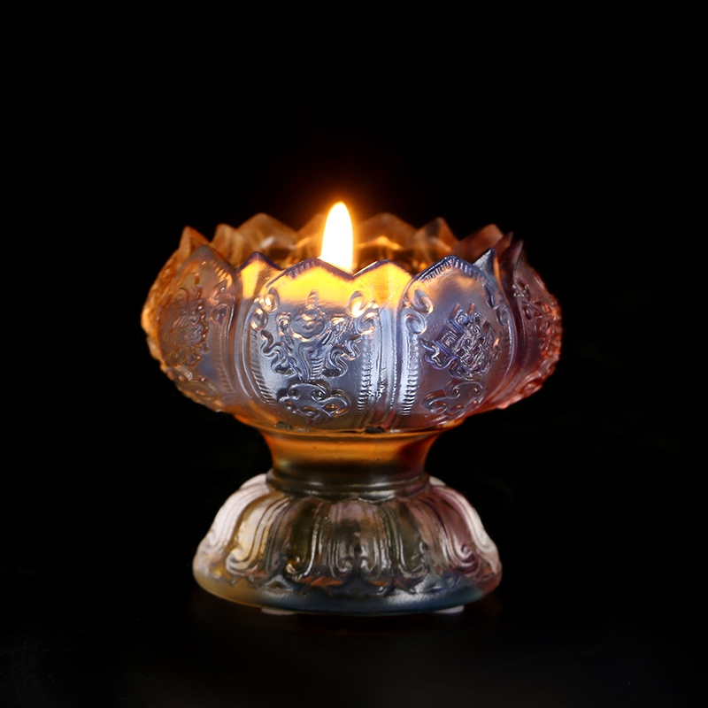 烛台圆通七彩琉璃供佛台湾酥油灯座八吉祥琉璃高脚烛台