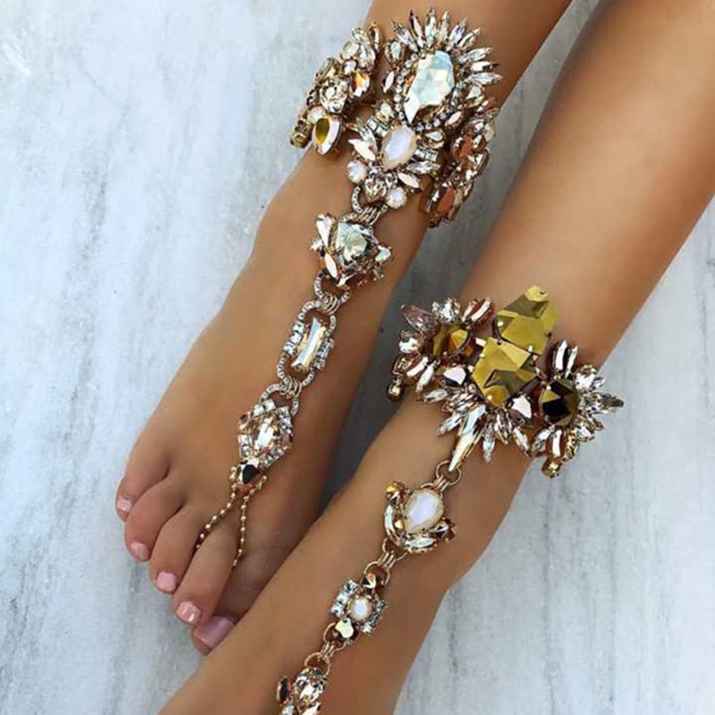 速卖通爆款欧美夸张炫彩水钻脚链沙滩性感皮绳脚链