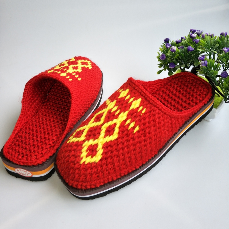 拖鞋手工毛线婚嫁居家防滑保暖陪嫁情侣大红居家棉拖