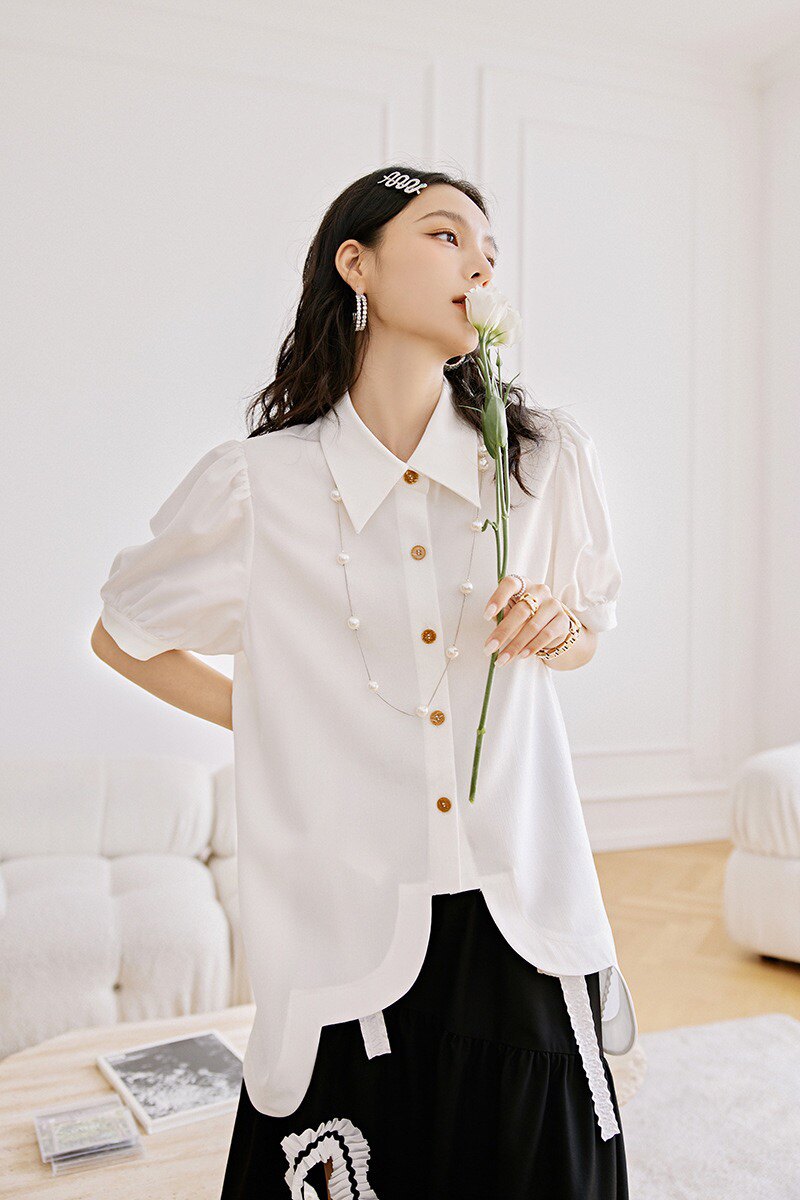 设计原创衬衫百搭衬衣花瓣宽松白衬衫下摆波浪衬衫