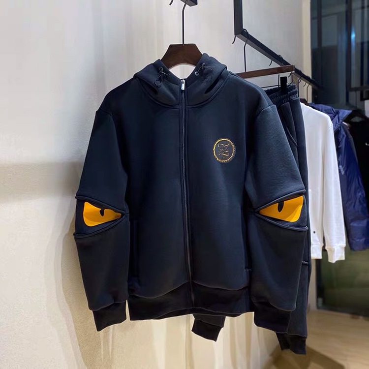 欧洲站欧货潮牌小怪兽小恶魔眼睛大贴皮男连帽卫衣加绒加厚男外套