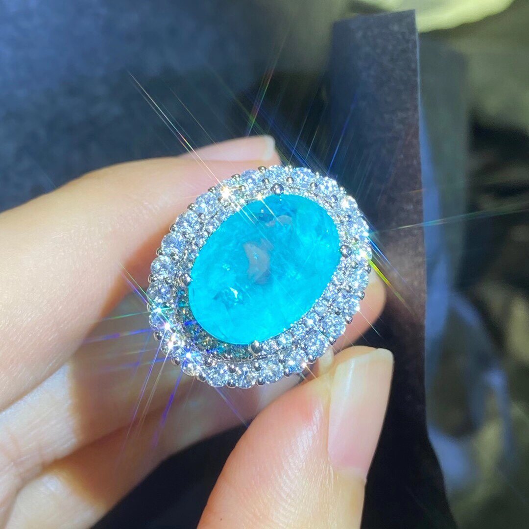 网红巴西帕拉伊巴碧玺戒指豪华镶可调节圈口戒指