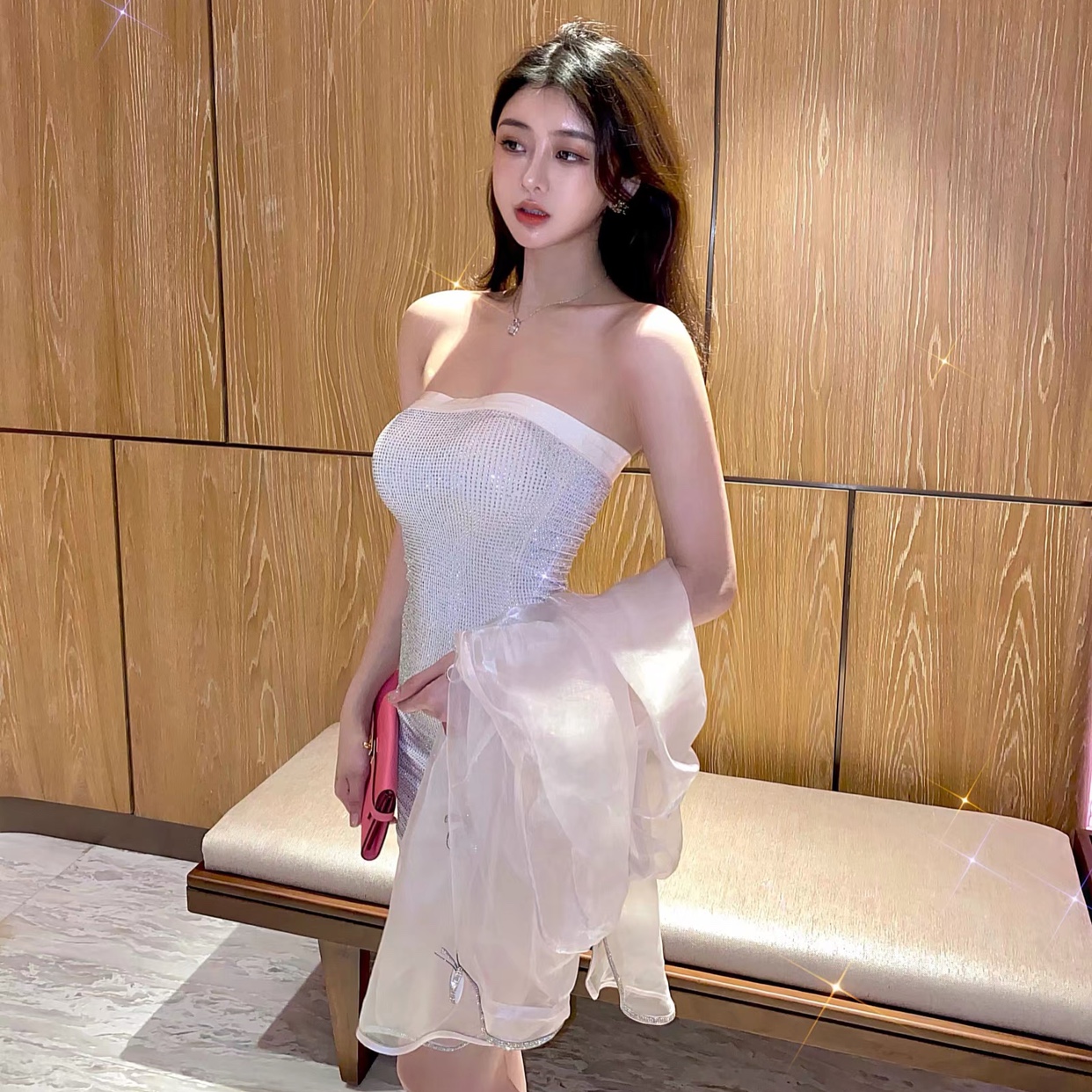 lina气质性感烫钻弹力抹胸裙包短裙复古透视连衣裙