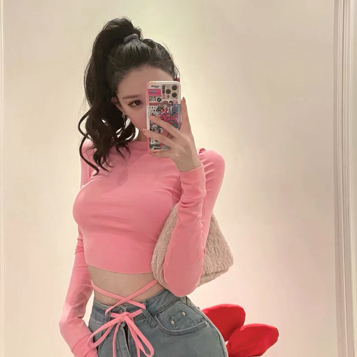 lina上衣设计感女小众后背镂空打底性感露背t恤