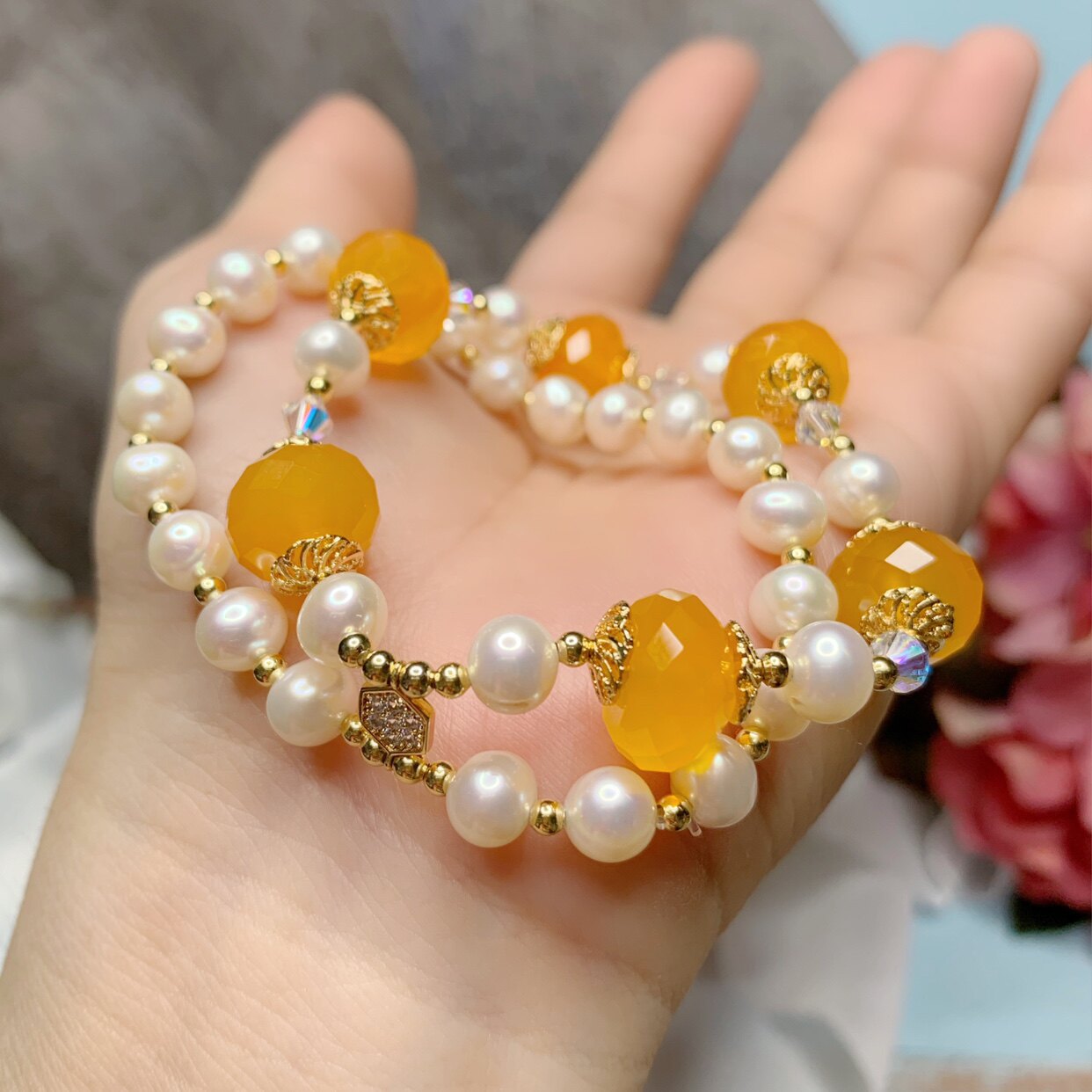 天然珍珠原创手链女优优雅玛瑙手串精致礼物手链