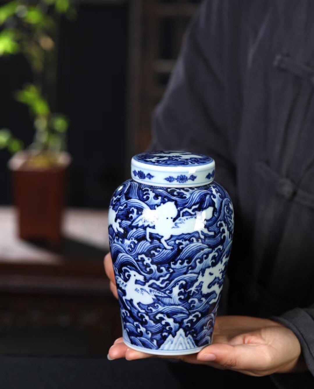 景德镇高档精品柴窑青花舜瓷宣德官窑气质手绘茶叶罐