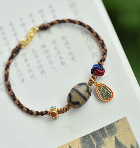 手链古法天珠手编织挂件金烧蓝千万两吊坠diy手链