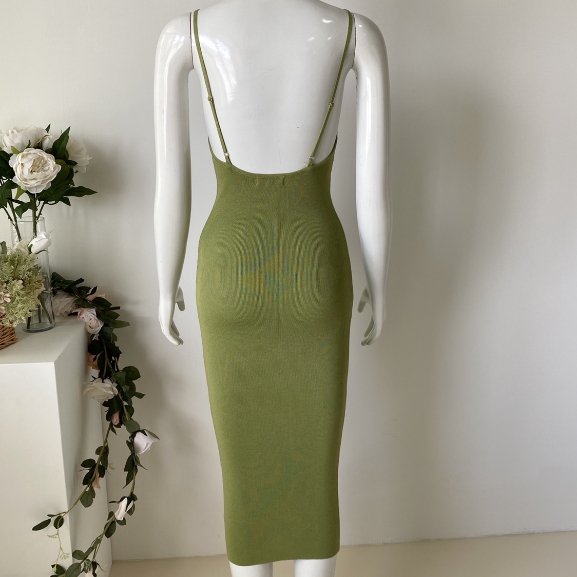 外贸原单欧美街拍大露背紧身包臀弹力针织名媛连衣裙