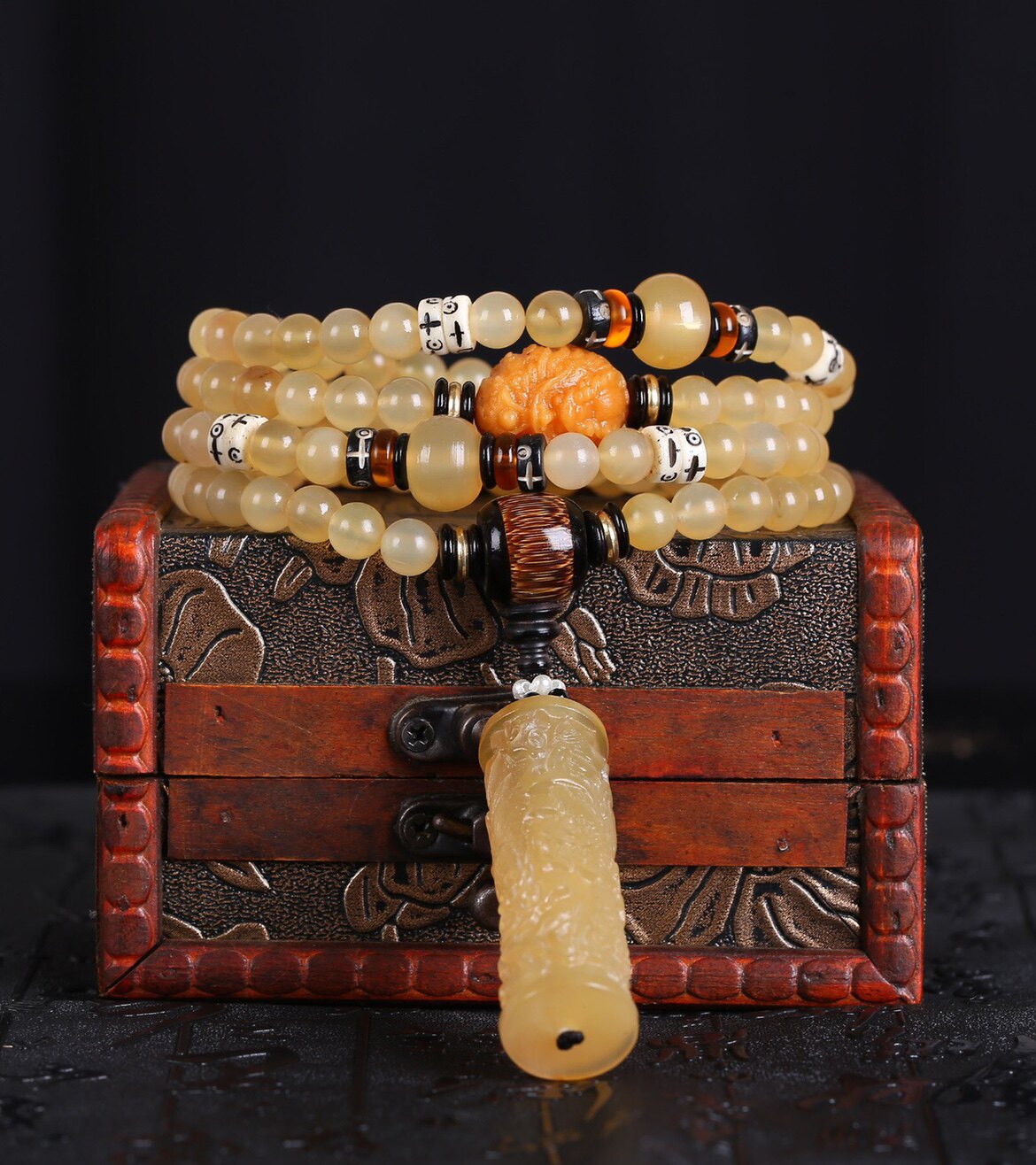 藏传羊角108颗佛珠毛衣男女手链菩提根金丝竹佛珠