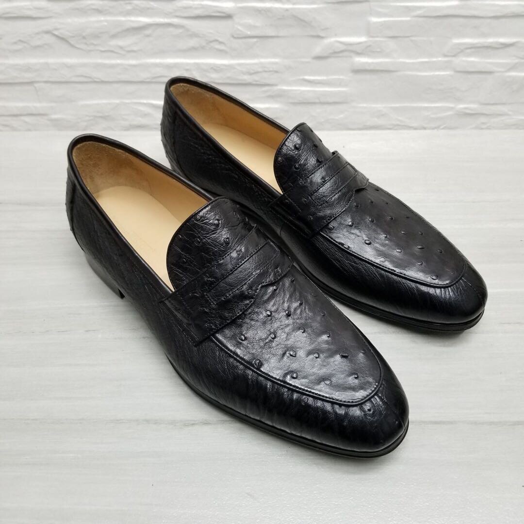 意大利产全鸵鸟男鞋商务套脚男士皮鞋上线皮底正装皮鞋