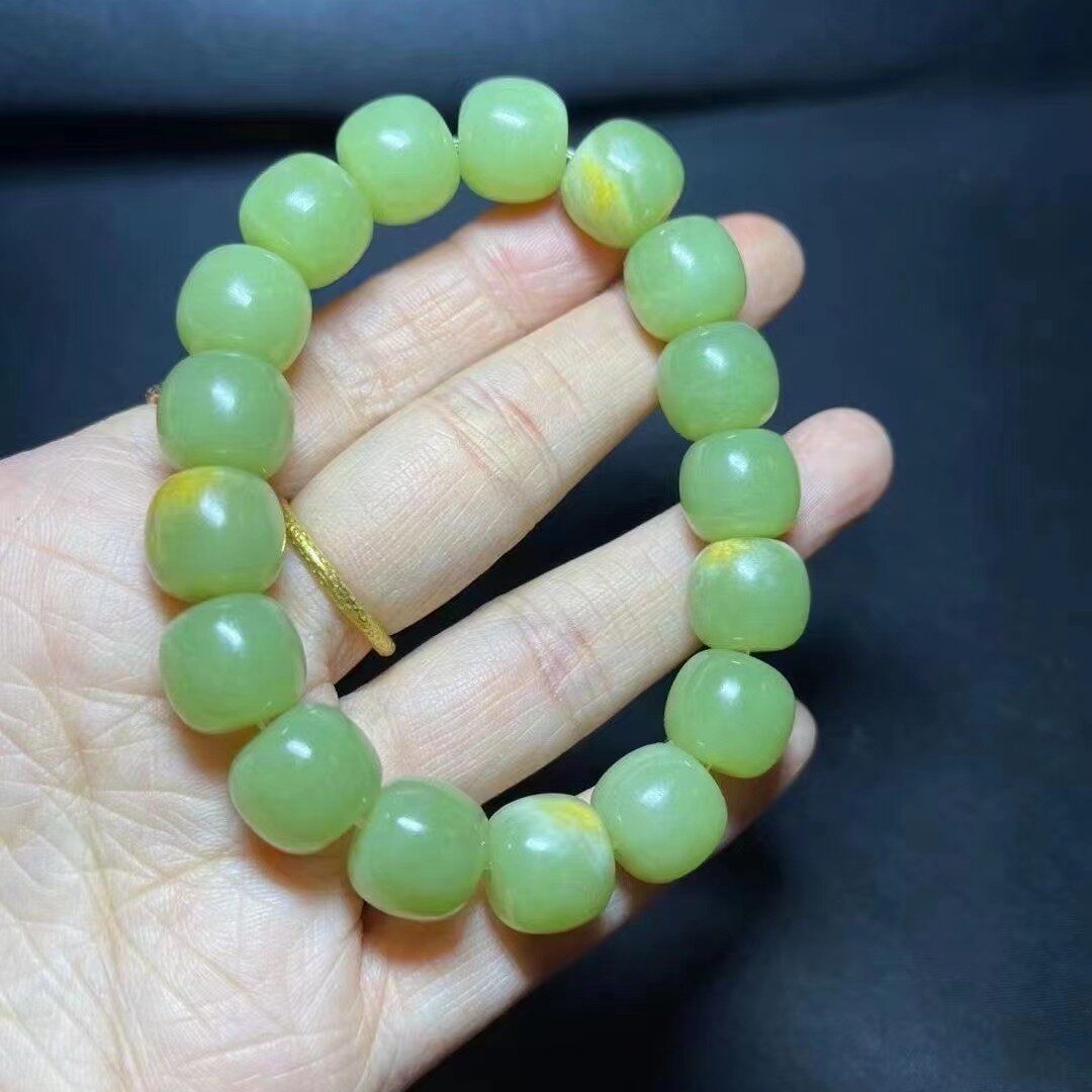 磨玉析木河珠子黄绿手链手串带皮结构东北籽料手链