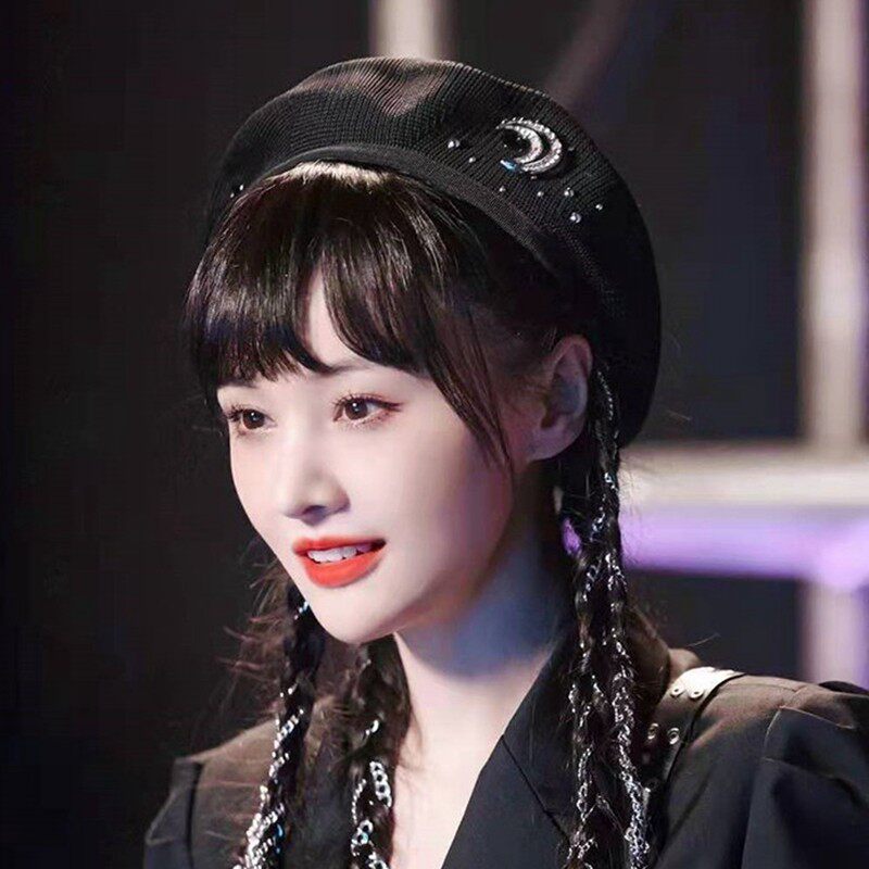 追光哥哥郑爽同贝雷帽秋冬百搭黑色月亮帽子水钻帽子