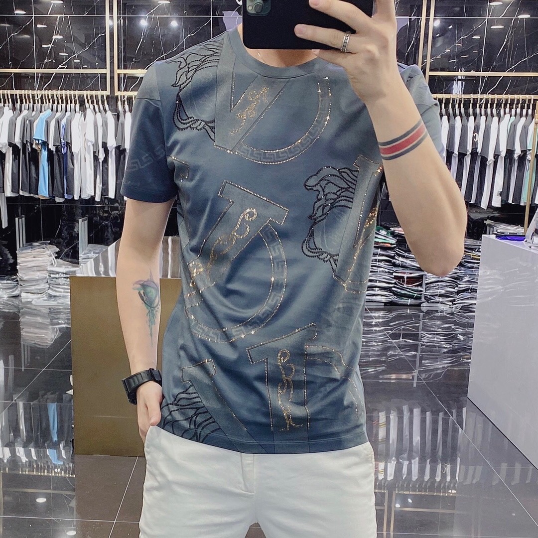 欧货潮牌玉蚕丝烫钻T恤男短袖2022夏季高端丝光棉圆领修身半袖男t