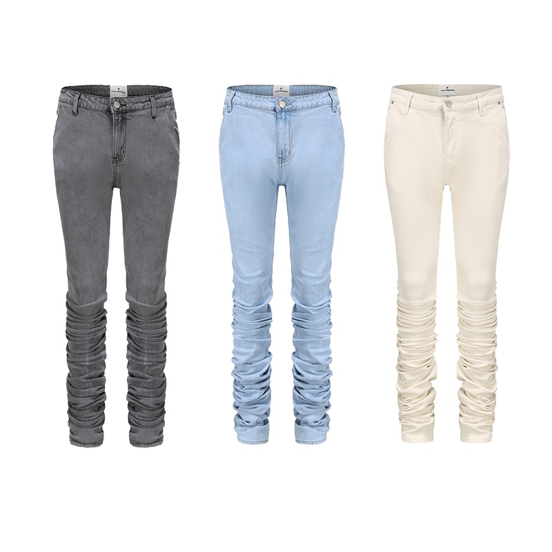 FDM 21AW复古做旧高街头VIBE水洗堆积加长修身直筒弹力男士牛仔裤