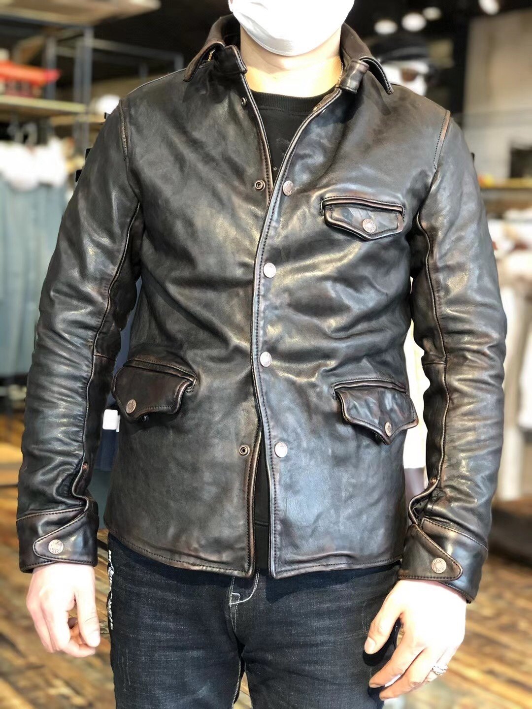 司闸员美式复古工装皮衣油蜡马皮茶芯古着皮夹克皮衣