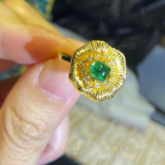 培育ji品糖塔祖母绿戒指起光绿灯意大利拉丝工艺手饰