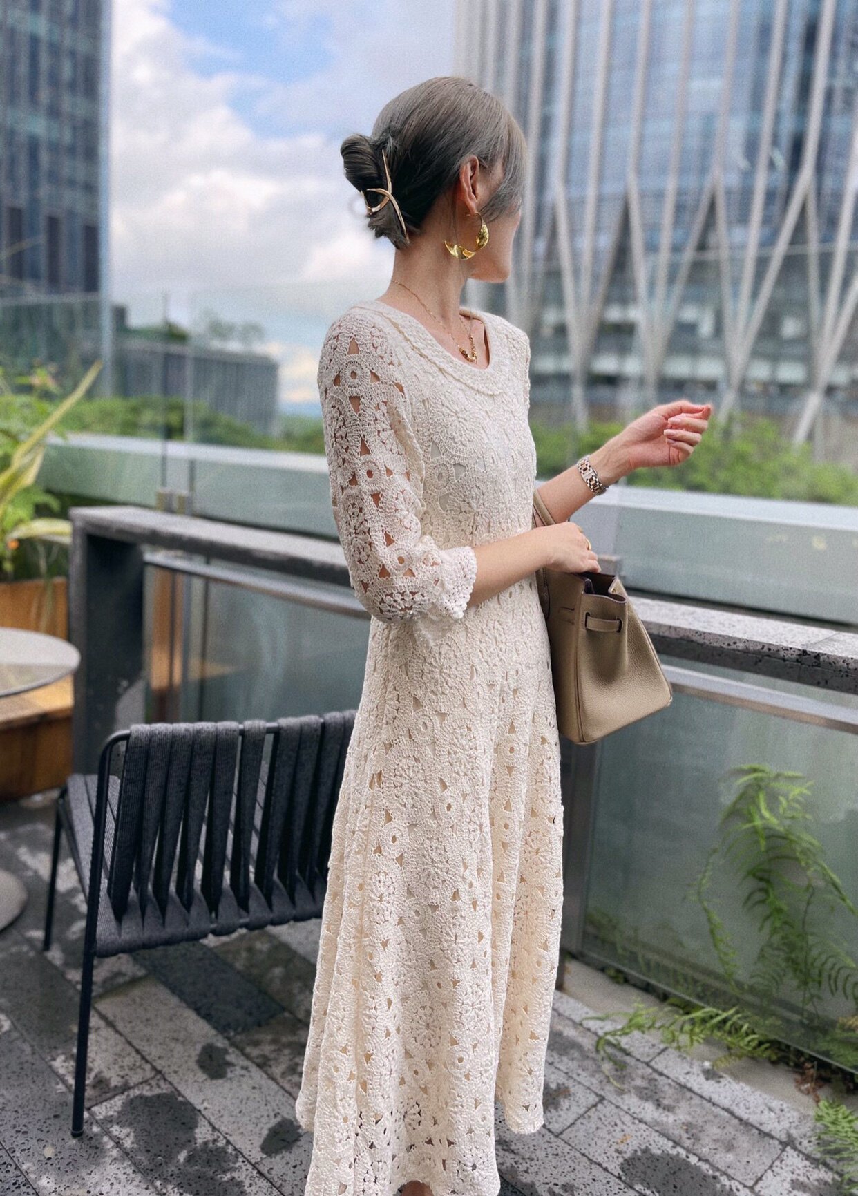 重工袖木收腰长裙中长圆领耳边七分棉质连衣裙连衣裙