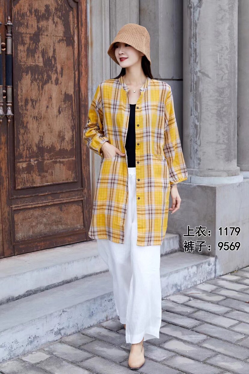 骄娜世家2021正品新款夏季棉麻格纹中长外套大码大码女装