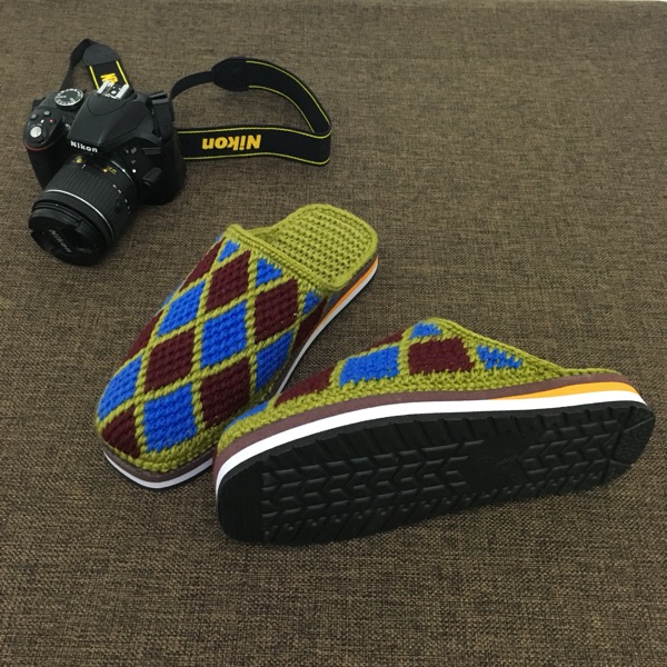 拖鞋新品手工毛线菱形格子婚嫁春秋秋冬居家居家棉拖