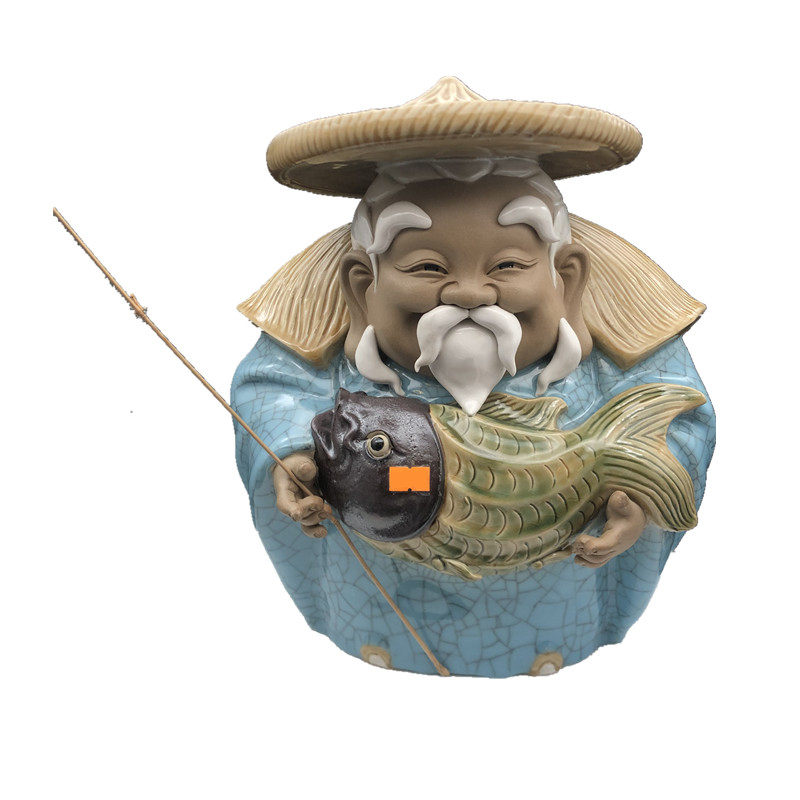 喜获大利渔翁钓鱼石湾陶瓷公仔装饰品工艺品人气摆件