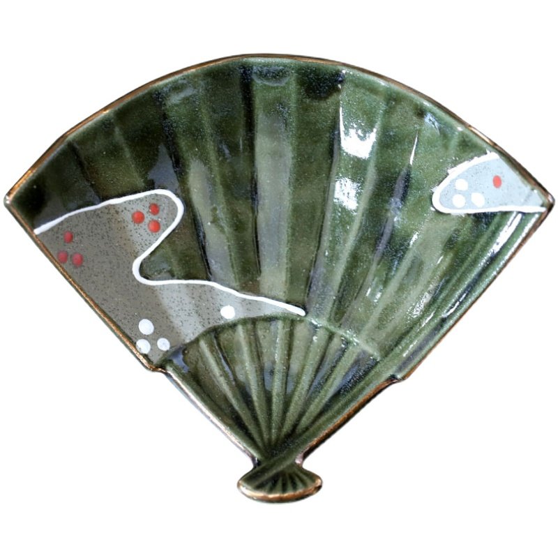 日本手绘织部异形盘子复古奢华风怀石料理扇形盘