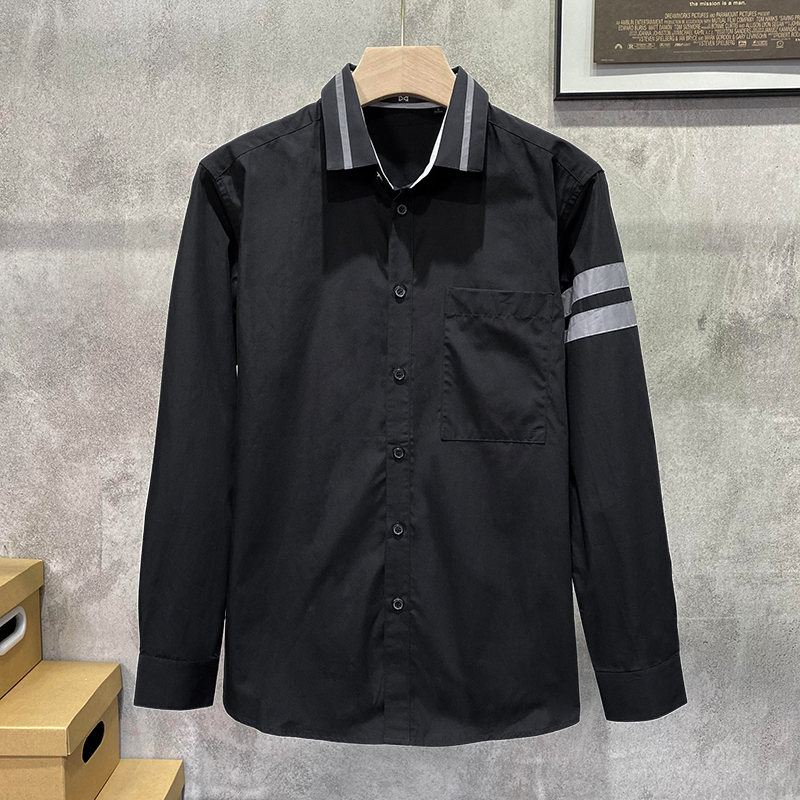 柒家专柜正品春季纯棉长袖黑色修身衬衫纯色男品牌剪标尾货潮N040