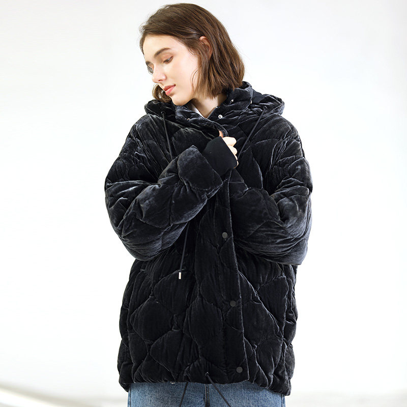 出口英国外贸原单2021秋季新款女金丝绒连帽宽松短款茧型羽绒服