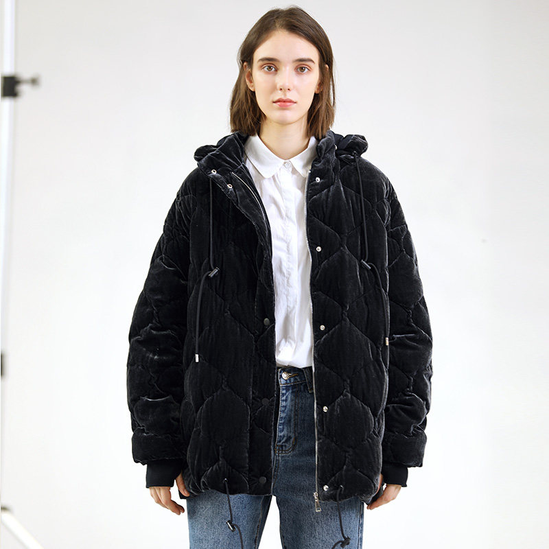 出口英国外贸原单2021秋季新款女金丝绒连帽宽松短款茧型羽绒服