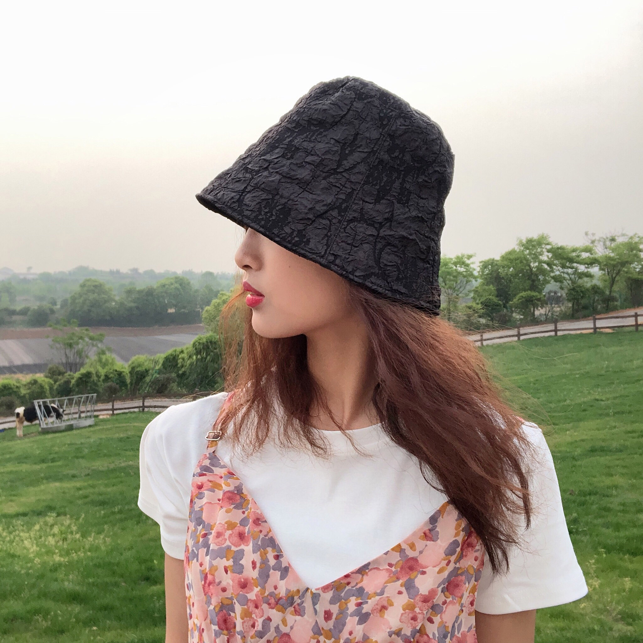 暗黑禁欲重工泡泡褶皱钟型渔夫帽女韩版时尚帽子