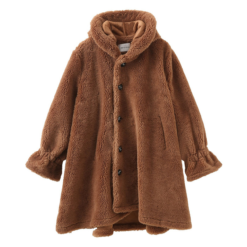 310mood新款泰迪熊大衣女连帽颗粒羊绒羊羔毛泡泡袖上衣驼色外套