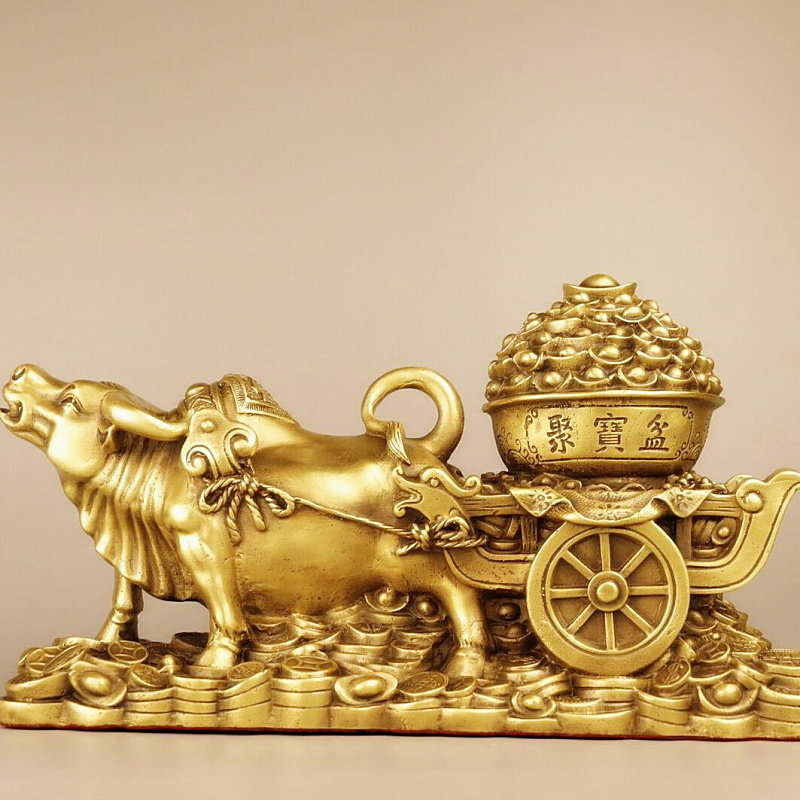 铜牛拉车纯铜摆件牛拉元宝聚宝盆金蟾送礼家居装饰摆件
