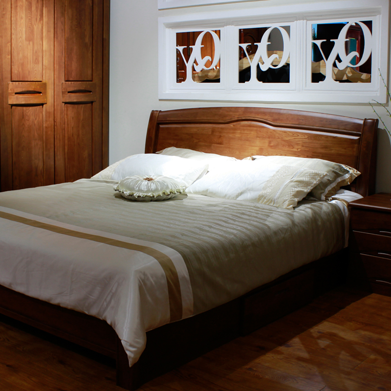 实木双叶18米简约床婚卧室中式家具新中式榆木实木床