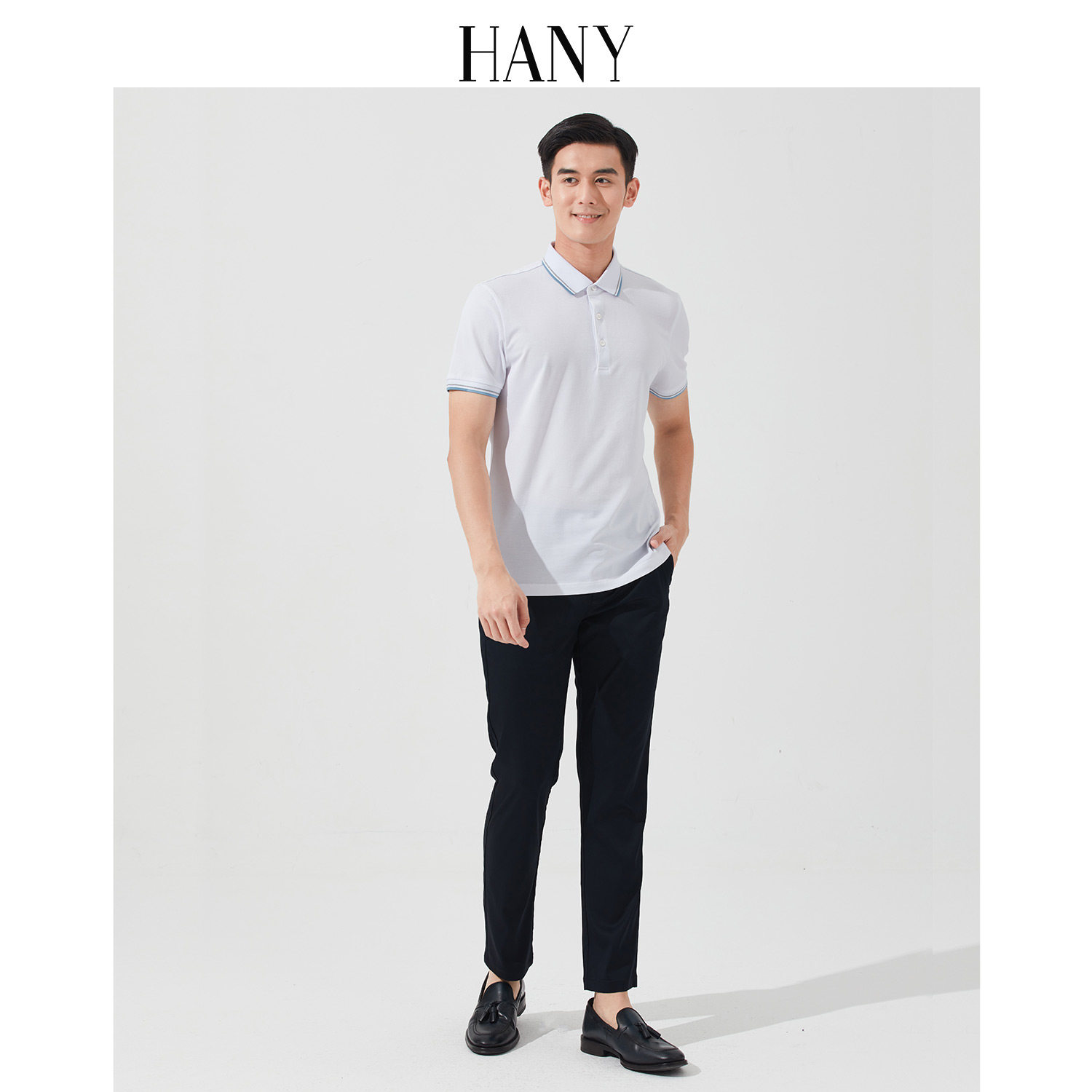 hany汉尼珠地弹力polo衫男白色男装上衣翻领polo衫
