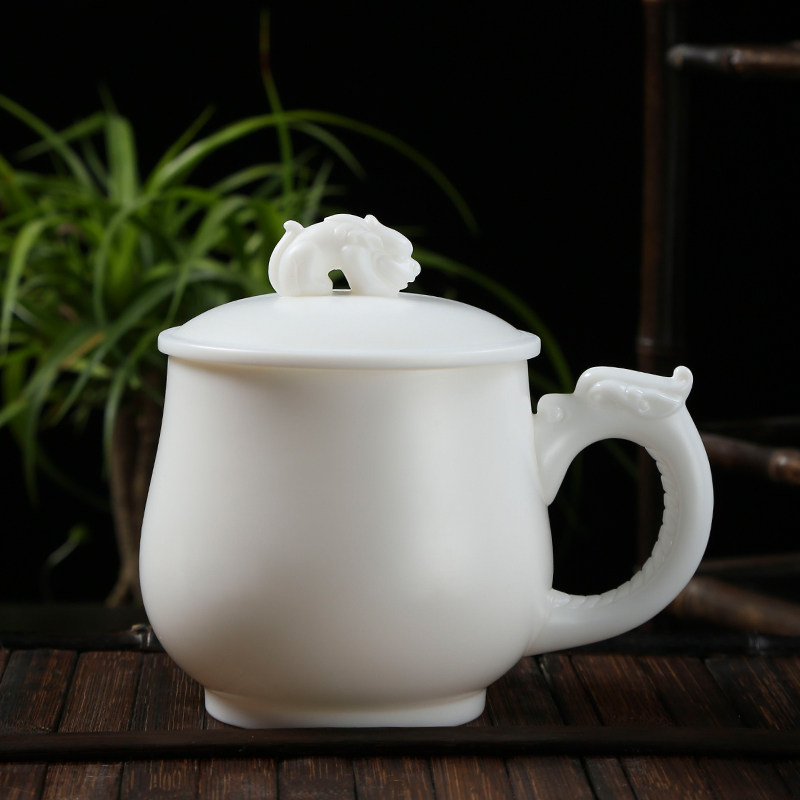 聚瓷德化素烧白瓷茶杯水杯陶瓷办公竹叶杯带马克杯