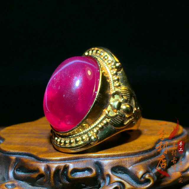 古玩古董清代星光红宝石双福蛋面鎏金戒指